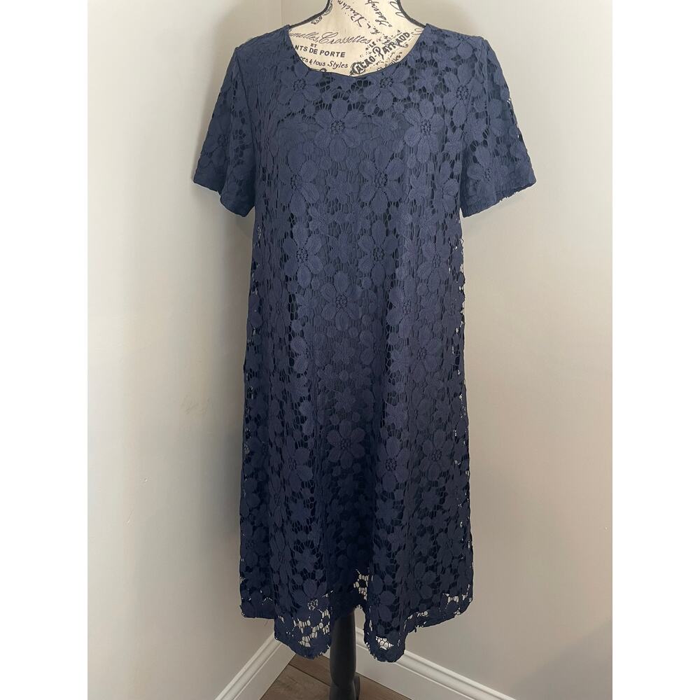 MikaRose Navy Swing Dress with Floral Lace Overlay Size Large Lined Rayon